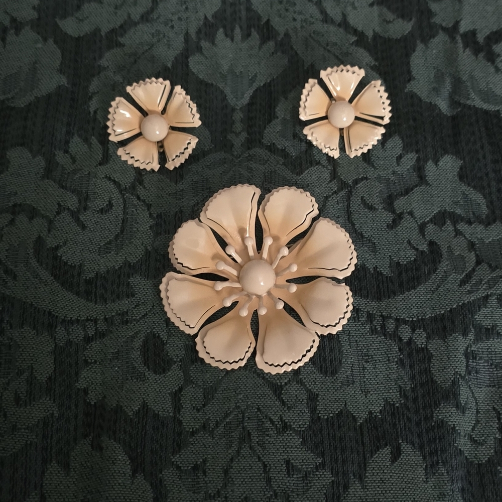 Vintage Enamel Daisy Brooch And Earrings